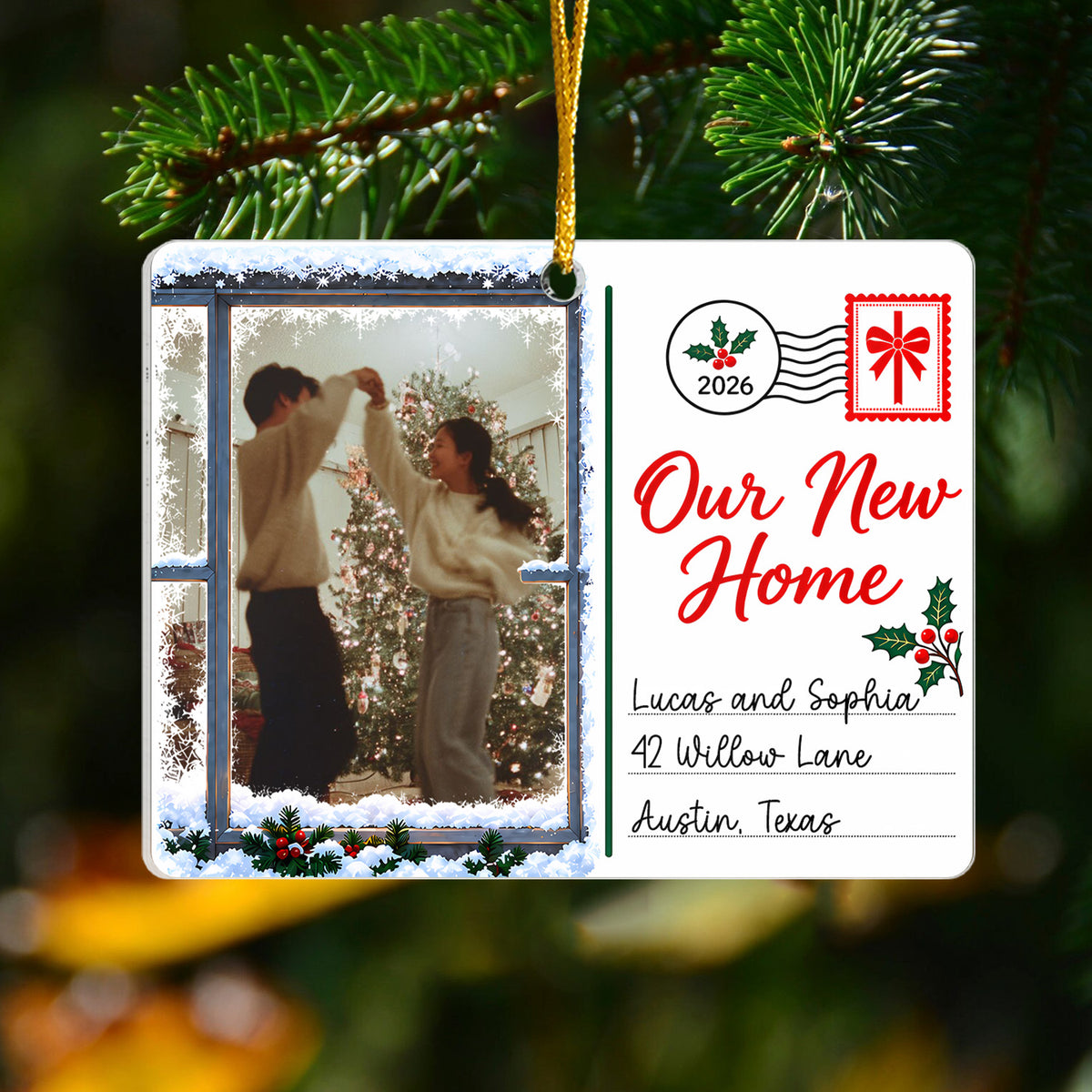 Personaliozed Rectangular Acrylic Ornament on a pine branch with a couple dancing in the photo window