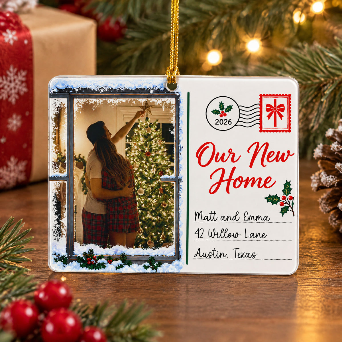 Personaliozed Rectangular Acrylic Ornament on a wooden table with red berries, pine cone and a wrapped gift nearby