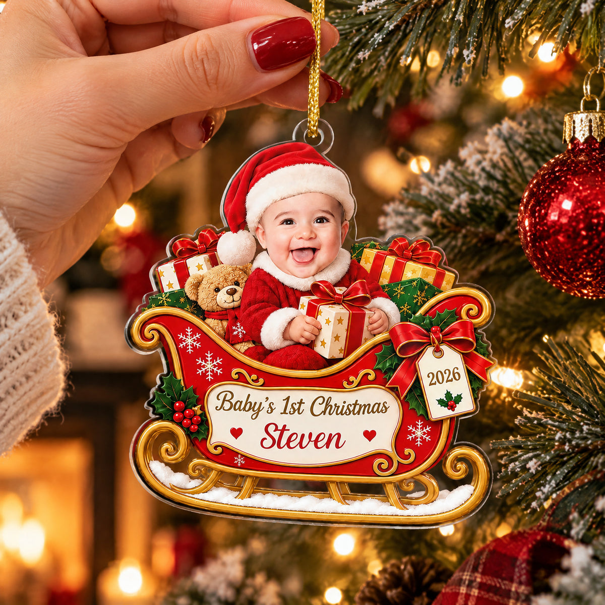 Personalized Custom Baby Face Acrylic Ornament dangling from a hand with red nails near a red bauble and warm lights
