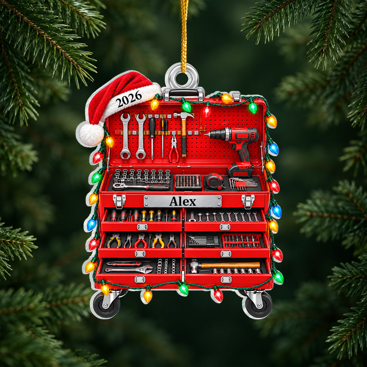 For the One Who Can Fix Anything - Personalized Acrylic Ornament, Red Tool Box Christmas Ornament