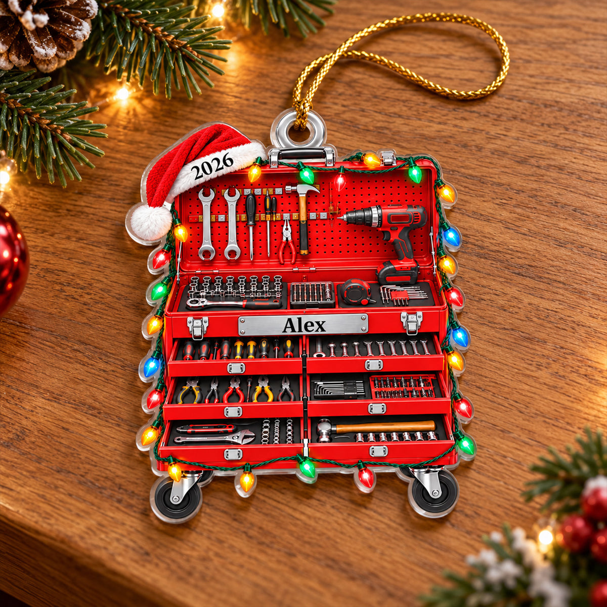 For the One Who Can Fix Anything - Personalized Acrylic Ornament, Red Tool Box Christmas Ornament