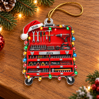 For the One Who Can Fix Anything - Personalized Acrylic Ornament, Red Tool Box Christmas Ornament