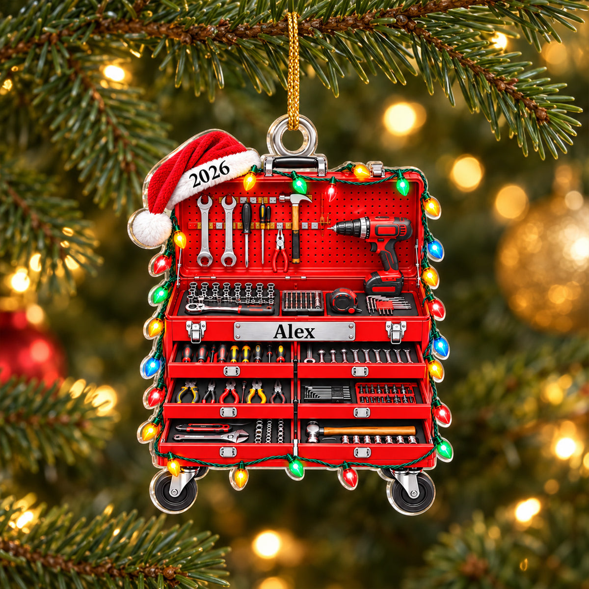 For the One Who Can Fix Anything - Personalized Acrylic Ornament, Red Tool Box Christmas Ornament
