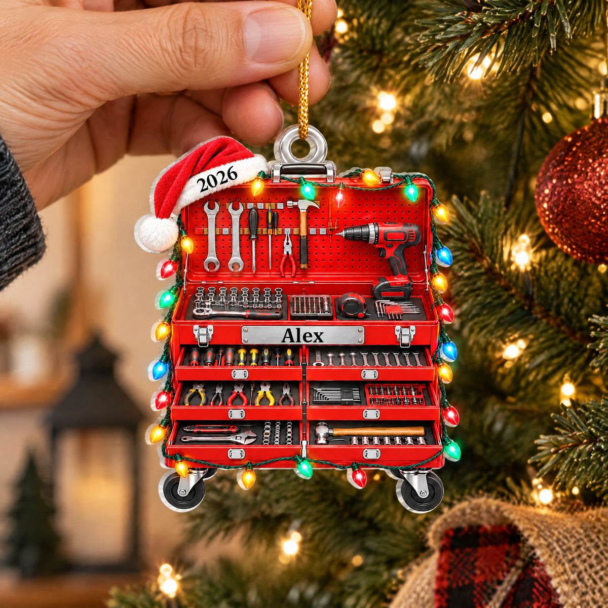 For the One Who Can Fix Anything - Personalized Acrylic Ornament, Red Tool Box Christmas Ornament