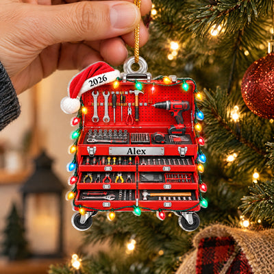 For the One Who Can Fix Anything - Personalized Acrylic Ornament, Red Tool Box Christmas Ornament
