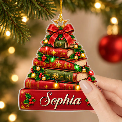 Book Christmas Tree - Personalized Acrylic Ornament, Custom Name Book Stack Ornament, Christmas Gift for Book Lovers