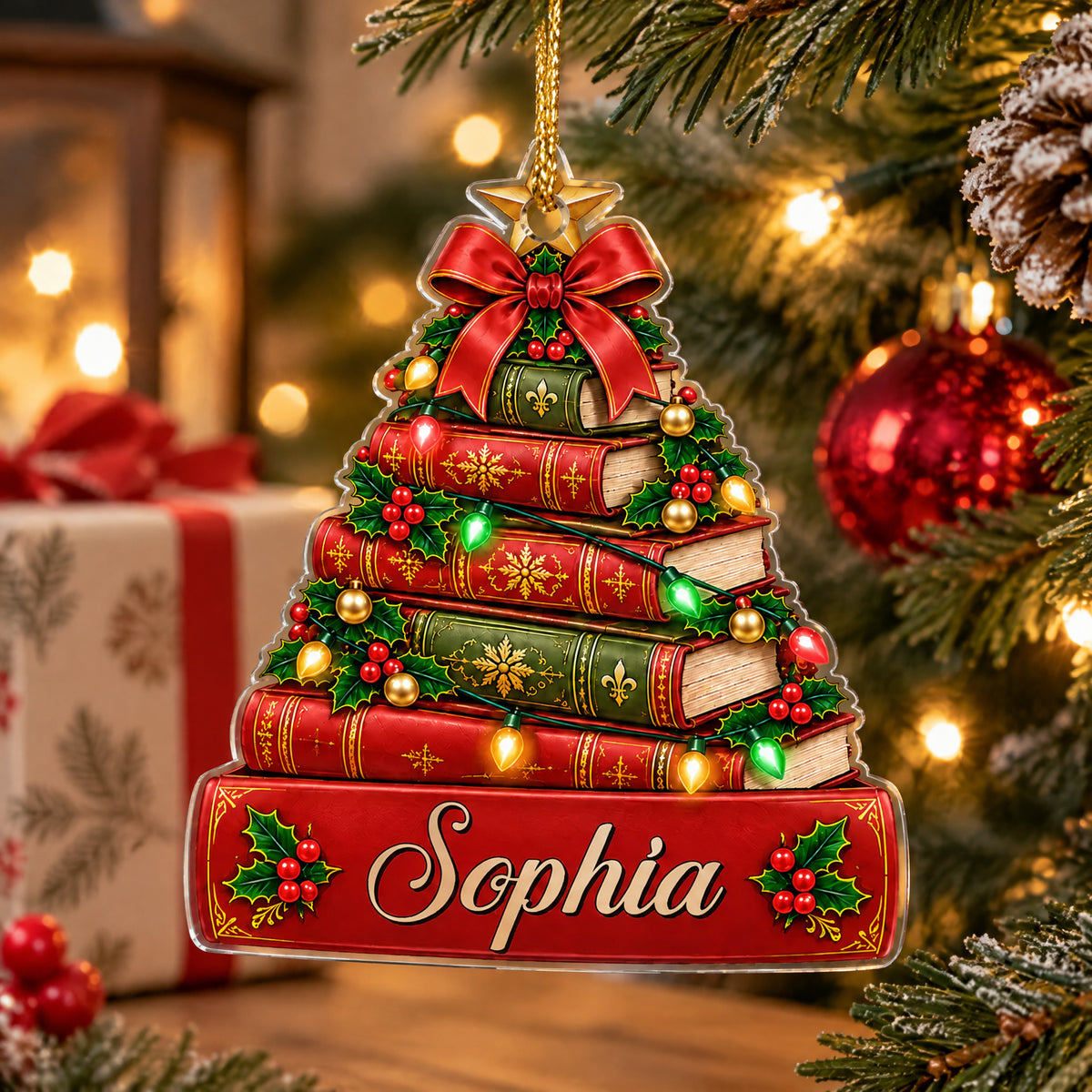 Personalized book Christmas tree acrylic ornament on a tree near a wrapped gift, pinecone and red bauble