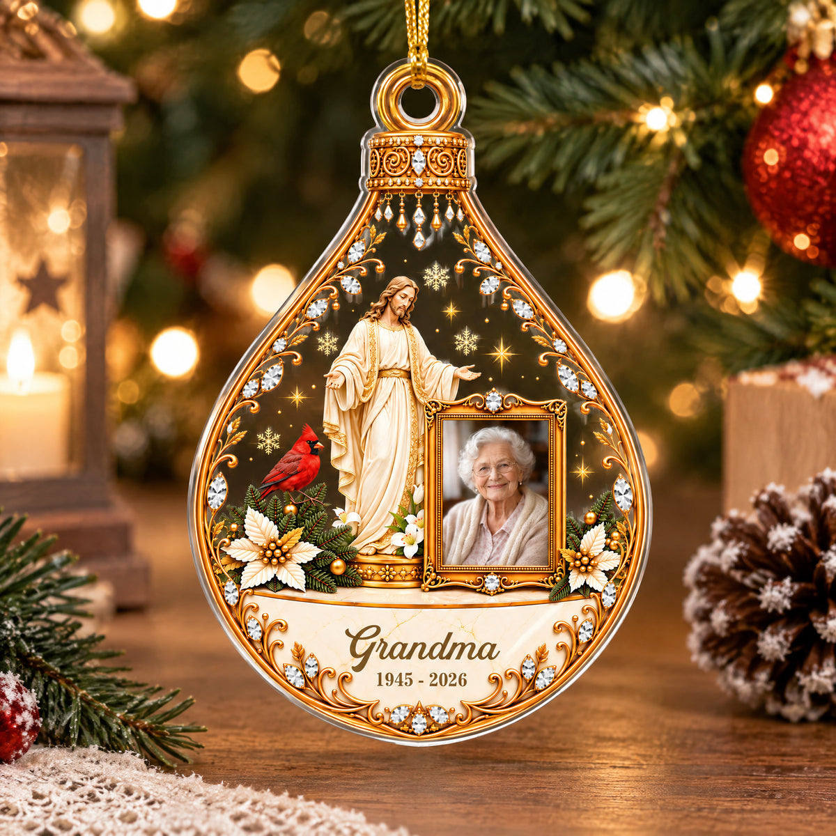 Personalized Christian memorial acrylic ornament with Jesus figure and Grandma photo, near a candle and pine branches