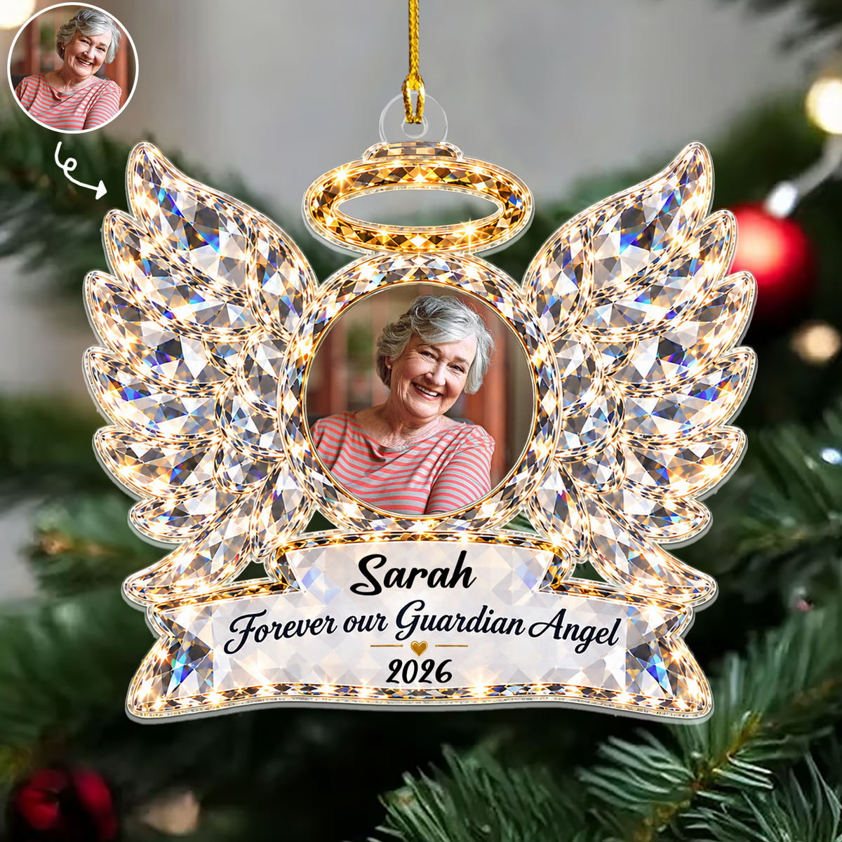 Angel Wings Memorial - Personalized Acrylic Ornament, Custom Photo Christmas Holiday Ornament, Sympathy Gift