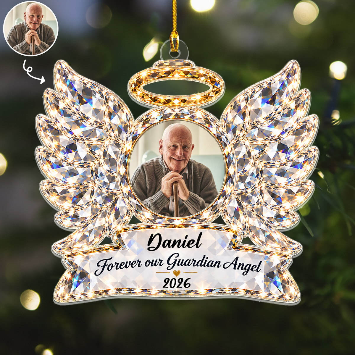 Angel Wings Memorial - Personalized Acrylic Ornament, Custom Photo Christmas Holiday Ornament, Sympathy Gift