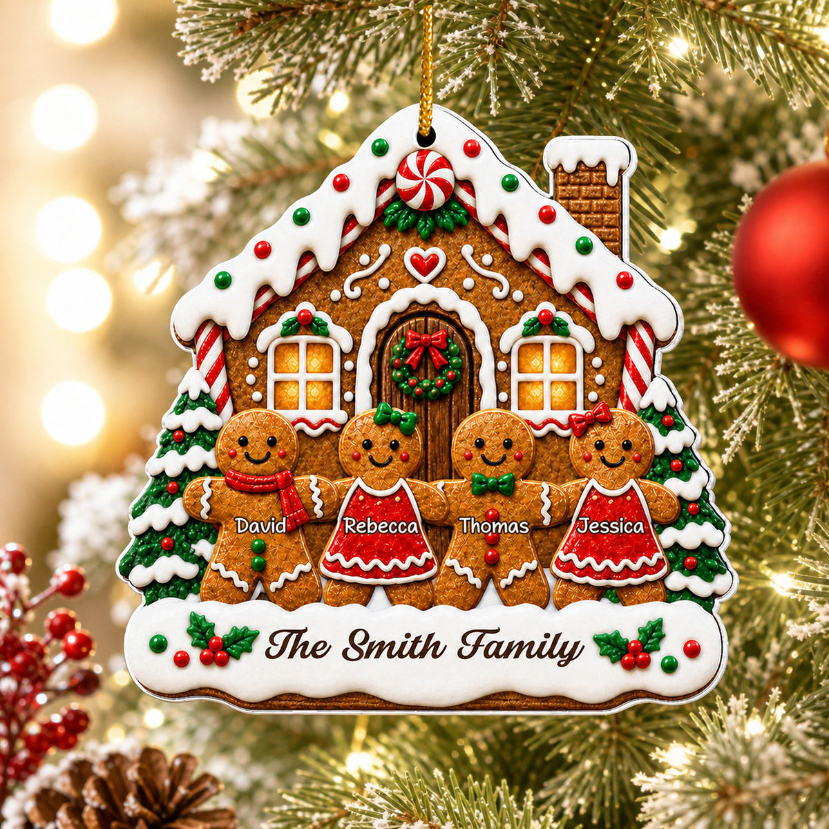 Sweet Family Memories Gingerbread House Christmas Acrylic Ornament, Custom Family Names and Year Gingerbread People Decoration, Cute Holiday Keepsake Gift for Parents and Grandparents