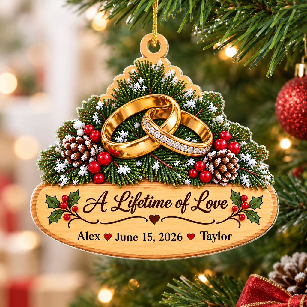 Personalized golden rings acrylic ornament hanging on a lit Christmas tree beside a red glittery bauble