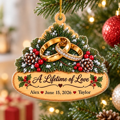 Personalized golden rings acrylic ornament hanging on a lit Christmas tree beside a red glittery bauble