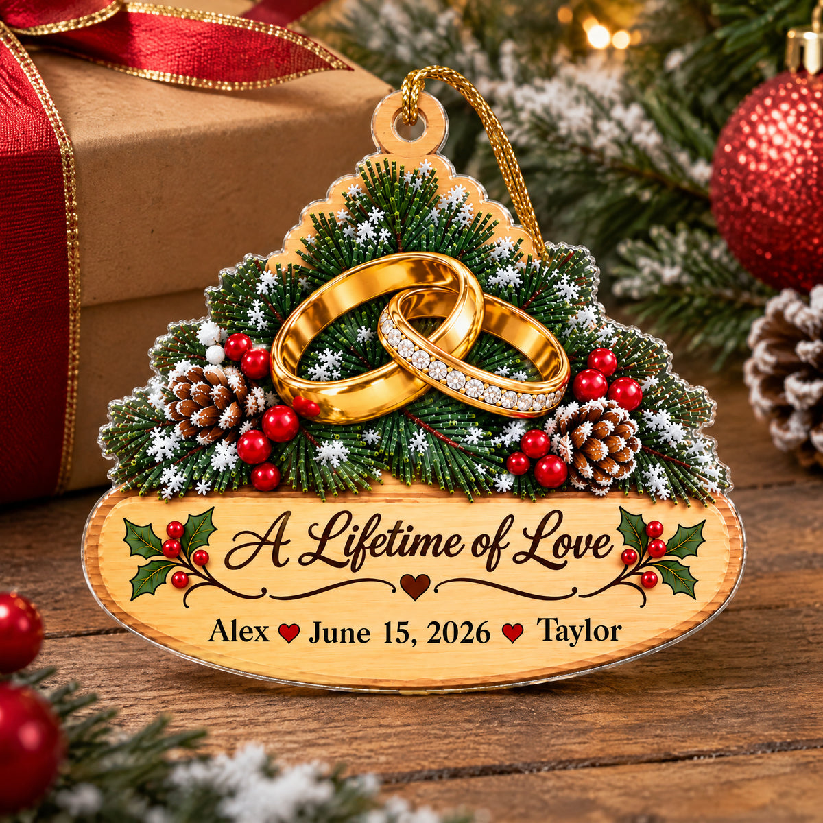 Personalized golden rings acrylic ornament standing on a wooden surface next to a wrapped gift with red ribbon