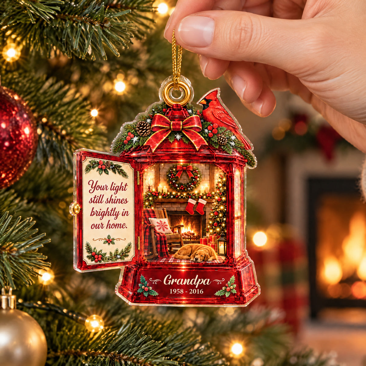 Your light Still Shines Brightly In Our Home - Personalized Acrylic Ornament, Cozy Fireplace Memorial Lantern Ornament