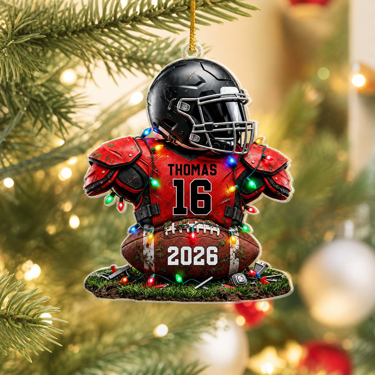 Dream Big Play Hard - Personalized Acrylic Ornament, Custom Name And Number Football Player Ornament