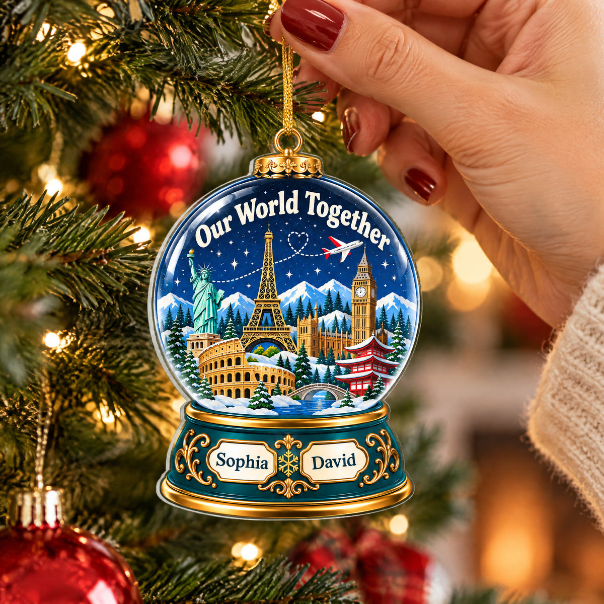 Personalized acrylic snow globe ornament held by a hand with red nails near a lit Christmas tree