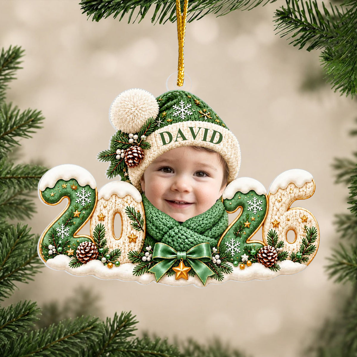 Personalized Baby Photo Acrylic Ornament 2026 in green with a smiling baby, knit hat and scarf, near pine branches