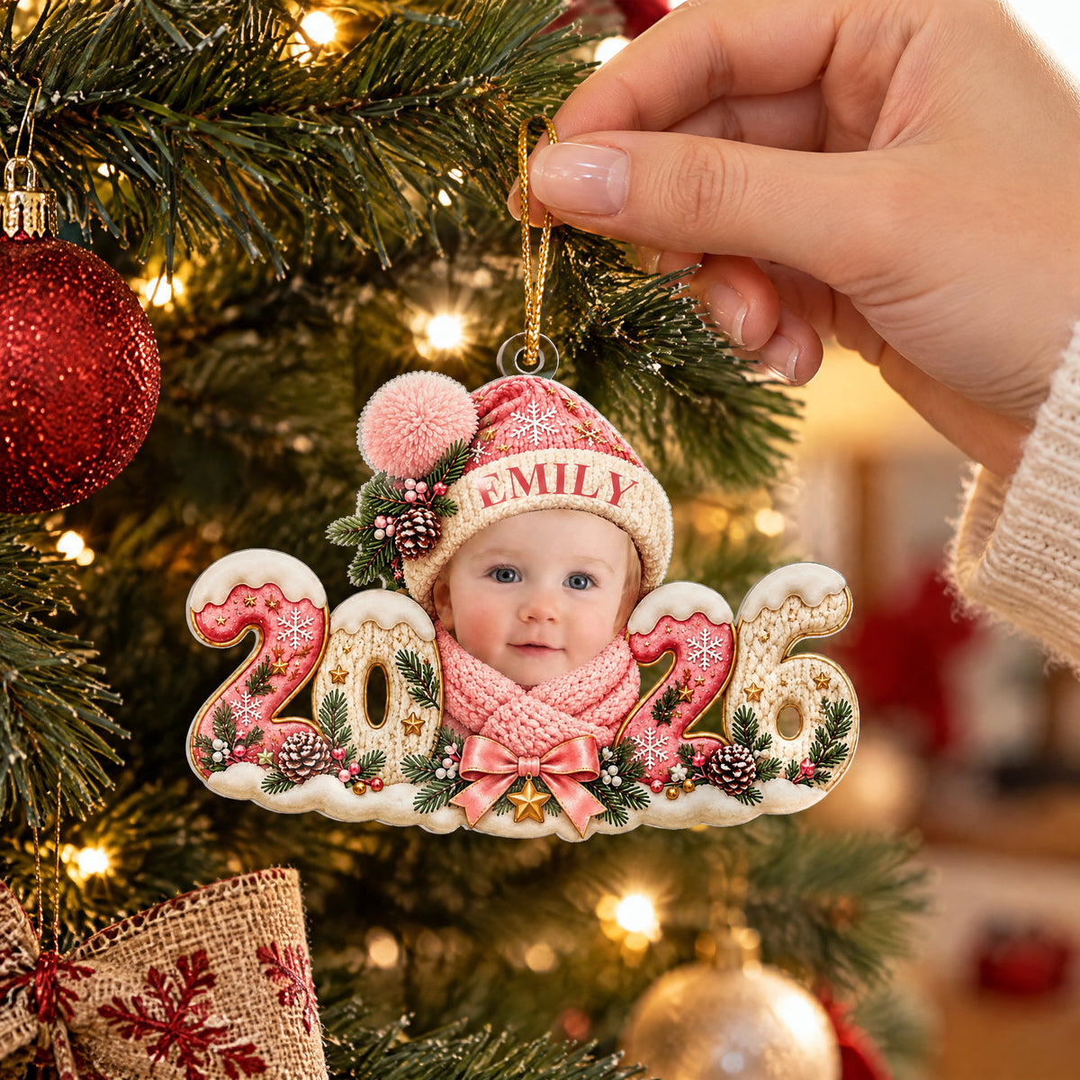 Personalized Baby Photo Acrylic Ornament 2026 held by a hand on a lit tree beside a red bauble