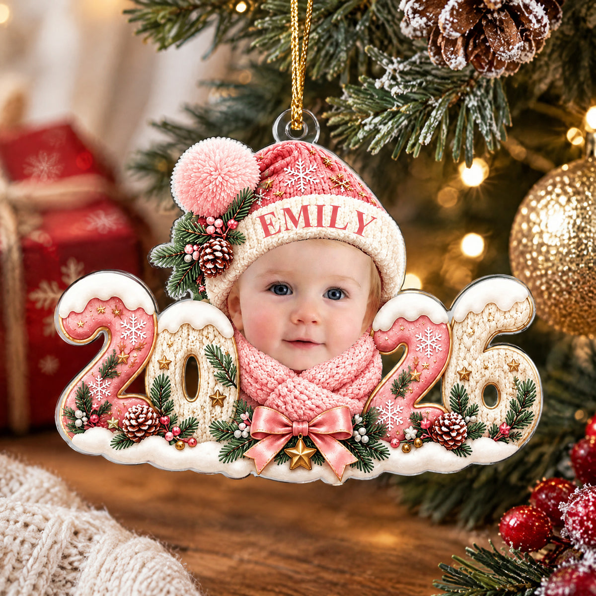 Personalized Baby Photo Acrylic Ornament 2026 in pink close up with a gold ball, pine cones and a wrapped gift behind
