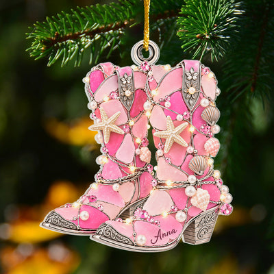 Cowboy Boot Sea Glass Christmas  - Personalized Acrylic Ornament, Gifts For Cowboys & Cowgirls