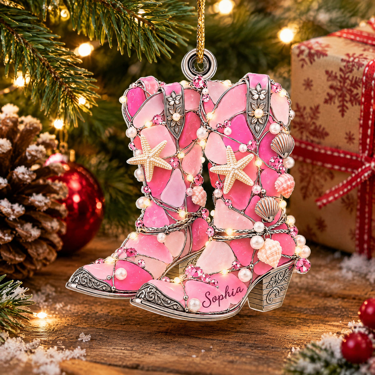 Cowboy Boot Sea Glass Christmas  - Personalized Acrylic Ornament, Gifts For Cowboys &amp; Cowgirls
