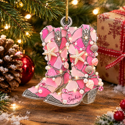 Cowboy Boot Sea Glass Christmas  - Personalized Acrylic Ornament, Gifts For Cowboys & Cowgirls
