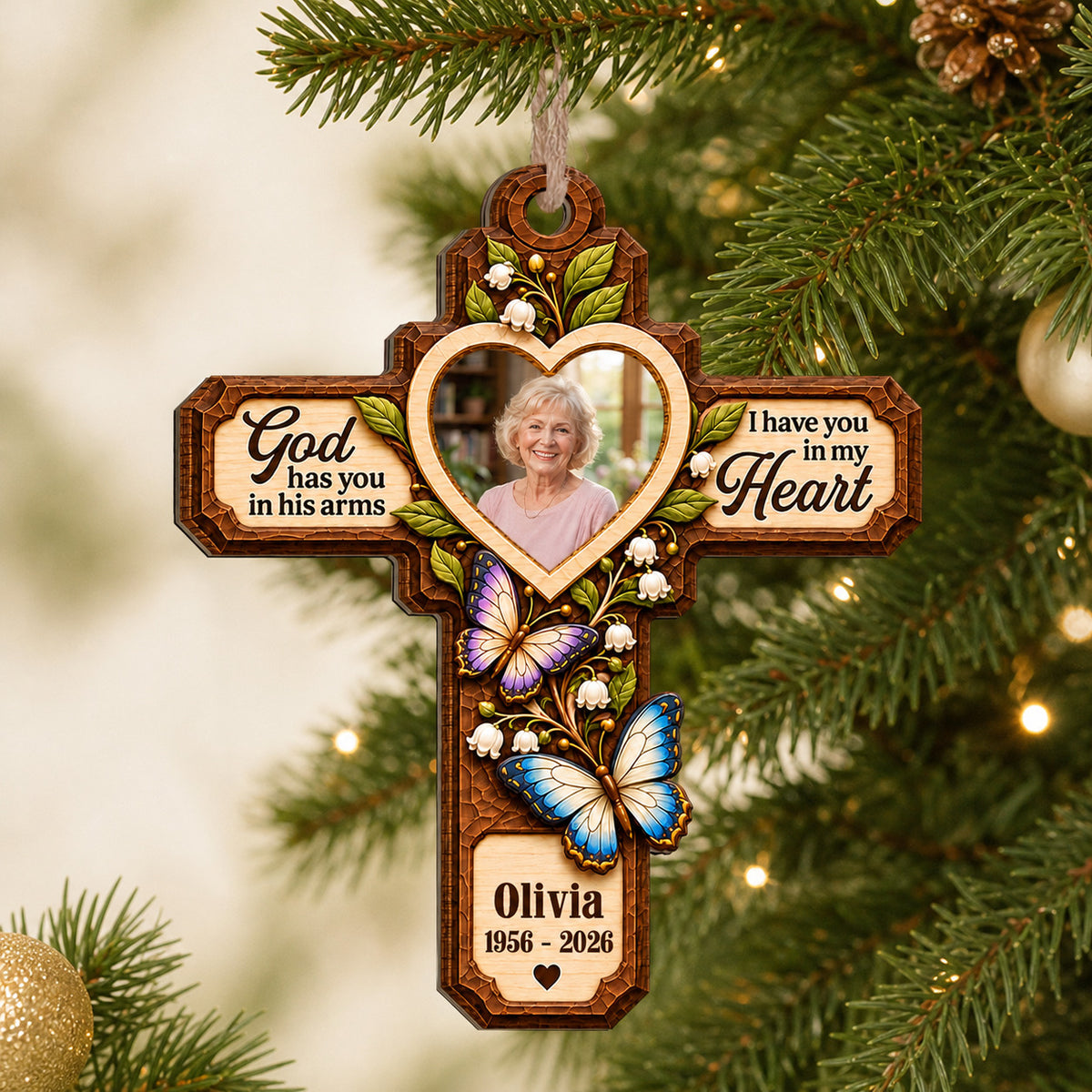 God Has You In His Arms I Have You In My Heart- Personalized Wooden Ornament, Faux Carved Wood Cross Memorial Ornament with Butterflies
