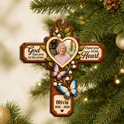 God Has You In His Arms I Have You In My Heart- Personalized Wooden Ornament, Faux Carved Wood Cross Memorial Ornament with Butterflies
