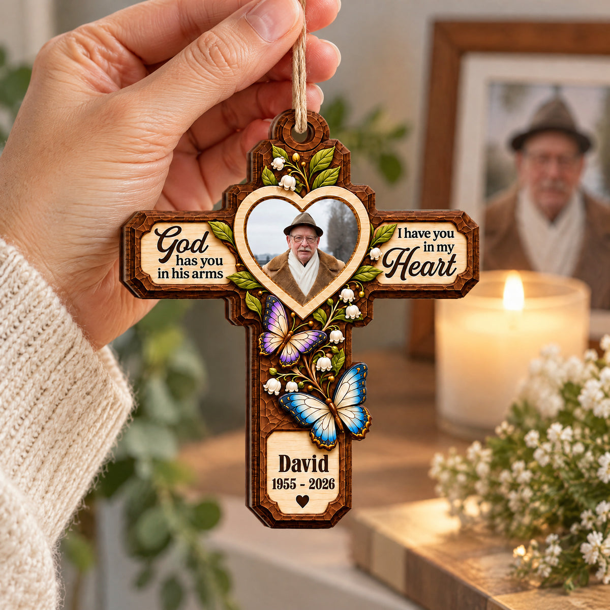 God Has You In His Arms I Have You In My Heart- Personalized Wooden Ornament, Faux Carved Wood Cross Memorial Ornament with Butterflies