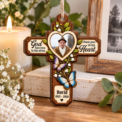 God Has You In His Arms I Have You In My Heart- Personalized Wooden Ornament, Faux Carved Wood Cross Memorial Ornament with Butterflies