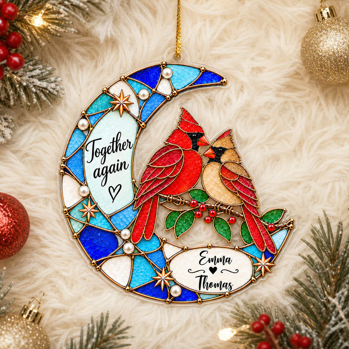 Together Again - Personalized Acrylic Ornament, Custom Name Two Birds Moon Ornament, Memorial Gift