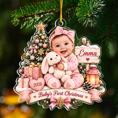 Personalized Acrylic Ornament Baby's First Christmas with smiling baby in pink holding bunny, hanging on a pine branch