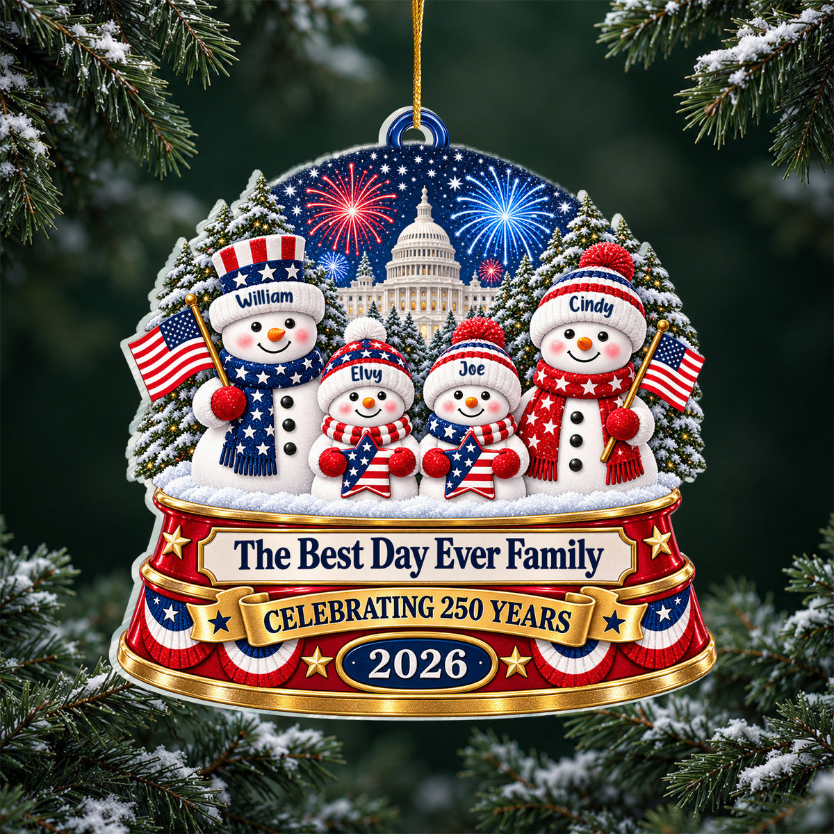 Patriotic Snowman Family - Personalized Acrylic Ornament, 250 Years Of Freedom Christmas Ornament, Snowman Custom Acrylic Keepsake