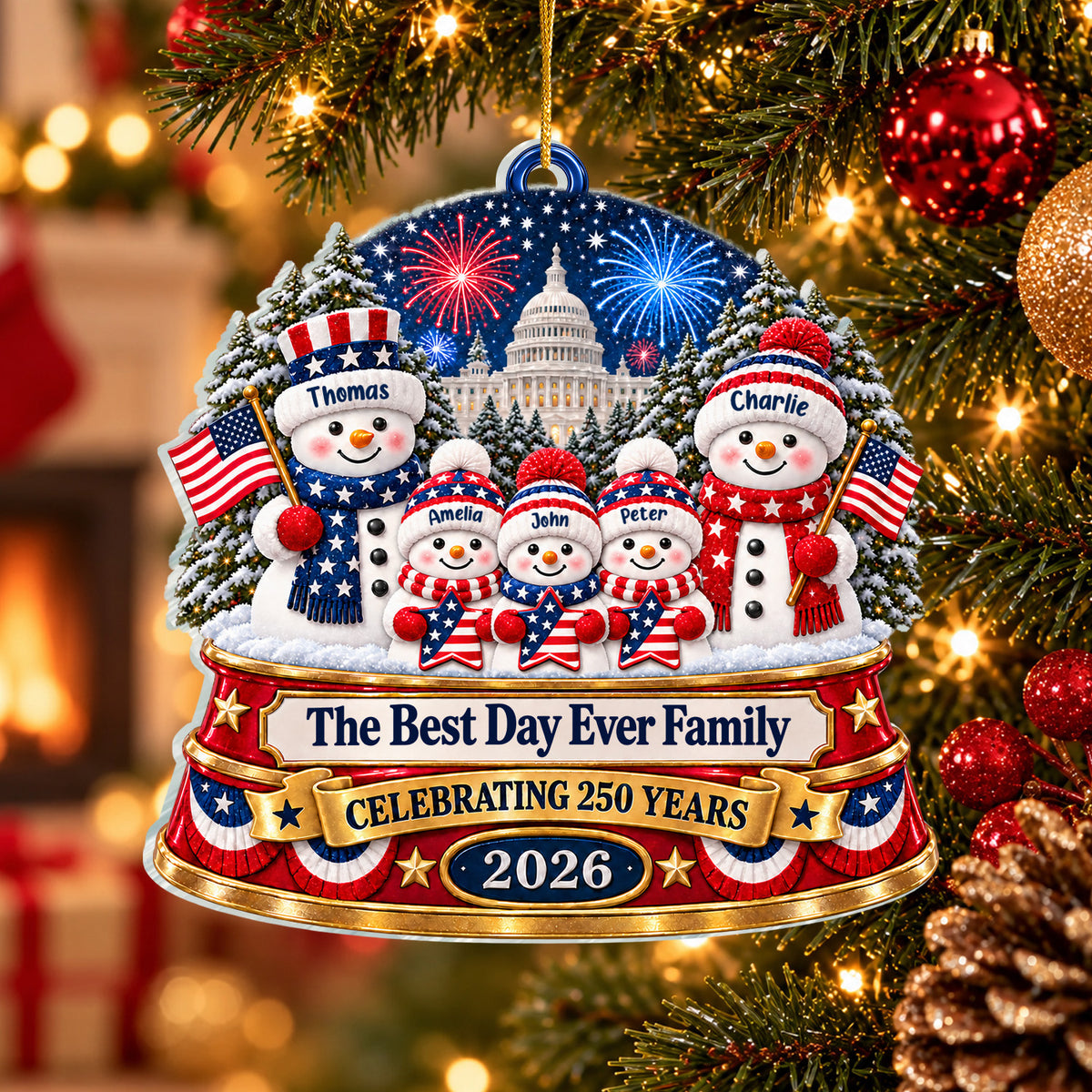 Patriotic Snowman Family - Personalized Acrylic Ornament, 250 Years Of Freedom Christmas Ornament, Snowman Custom Acrylic Keepsake