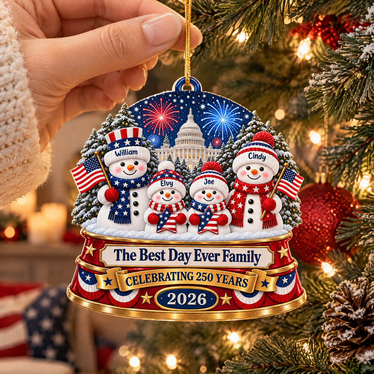 Patriotic Snowman Family - Personalized Acrylic Ornament, 250 Years Of Freedom Christmas Ornament, Snowman Custom Acrylic Keepsake
