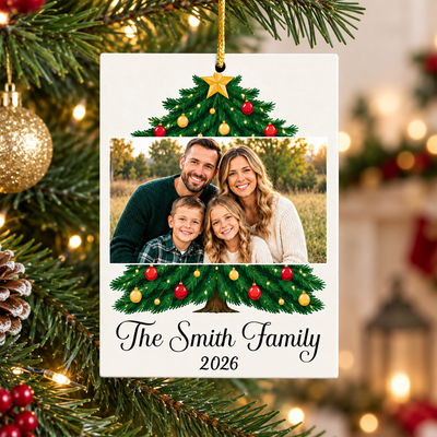 Personalized family photo name acrylic ornament hanging on a lit Christmas tree beside a gold glitter bulb