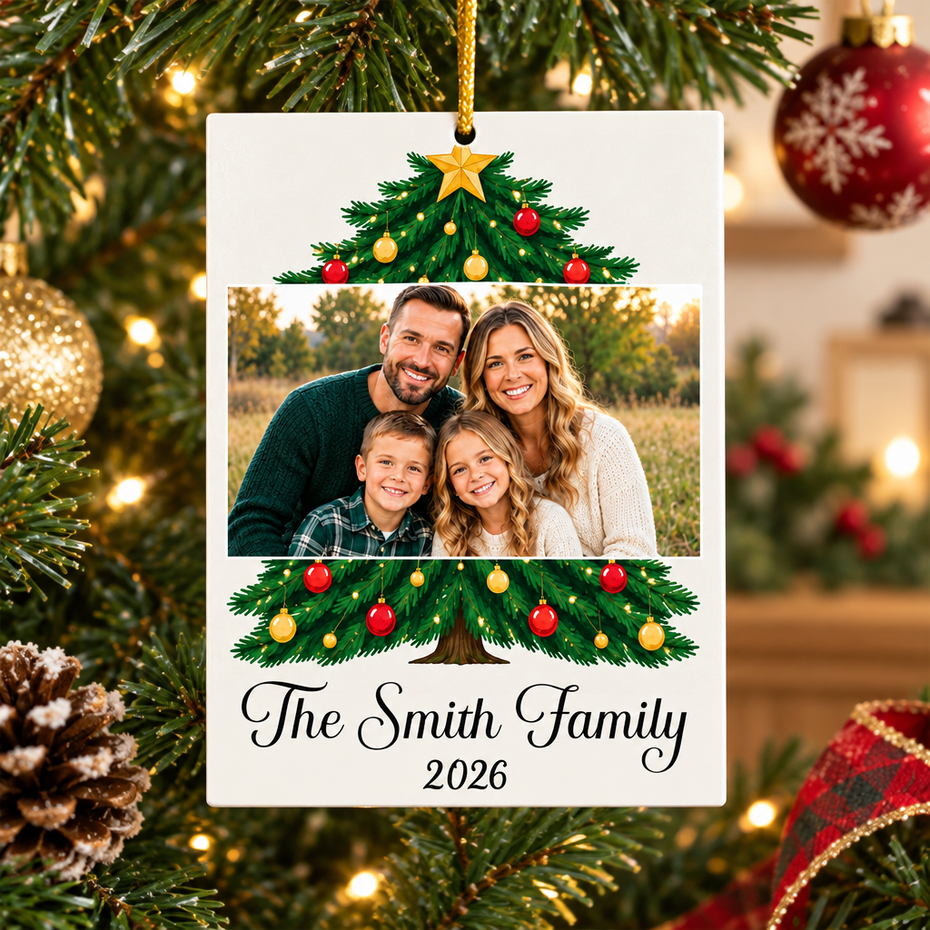 Personalized family photo name acrylic ornament on tree branch with a red snowflake bauble and plaid ribbon nearby