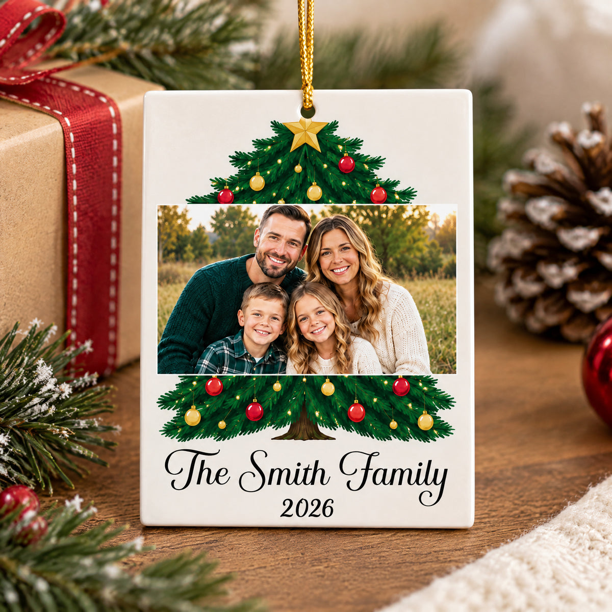 Personalized family photo name acrylic ornament standing on a wooden surface by a gift, pinecone and greenery
