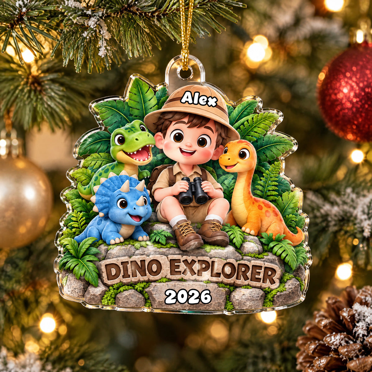 Dino Explorer - Personalized Acrylic Ornament, Custom Name Child Dinosaurs Ornament