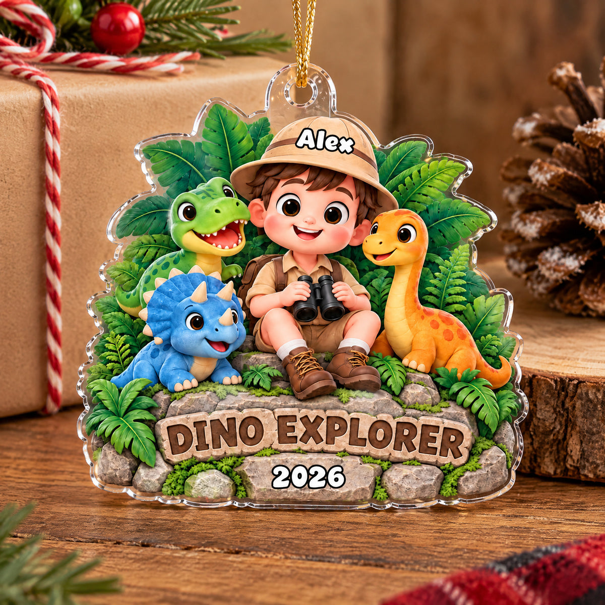 Dino Explorer - Personalized Acrylic Ornament, Custom Name Child Dinosaurs Ornament