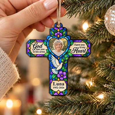 God Has You In His Arms I Have You In My Heart- Personalized Wooden Ornament, Stained Glass Style Cross Memorial Ornament with Dove