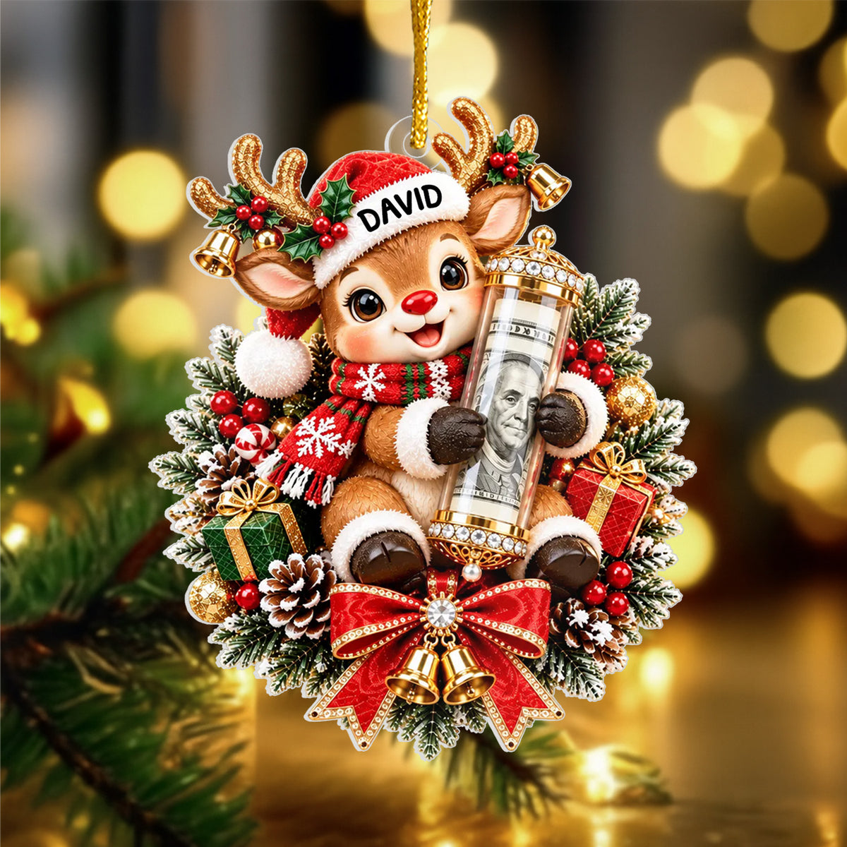Personalized Acrylic Ornament Money Holder with reindeer holding a cash tube, in front of golden lights