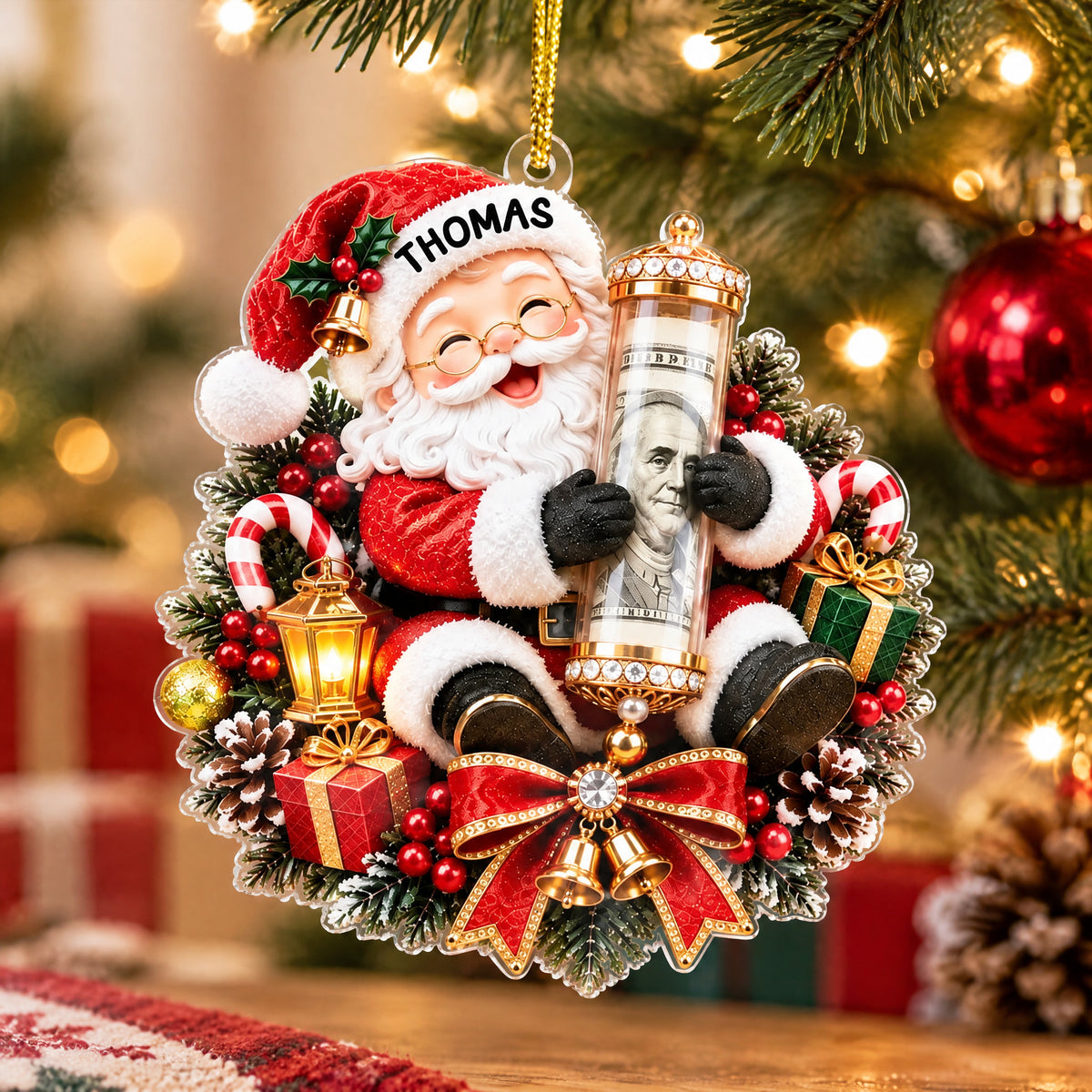 Personalized Acrylic Ornament Money Holder with Santa and red bow on a tree beside red baubles