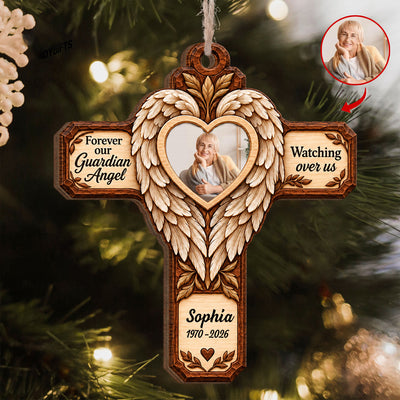 Forever Our Guardian Angel - Personalized Wooden Ornament, Faux Carved Wood Angel Wings Cross Memorial Ornament