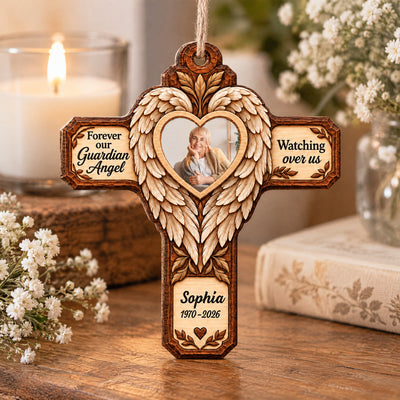 Forever Our Guardian Angel - Personalized Wooden Ornament, Faux Carved Wood Angel Wings Cross Memorial Ornament