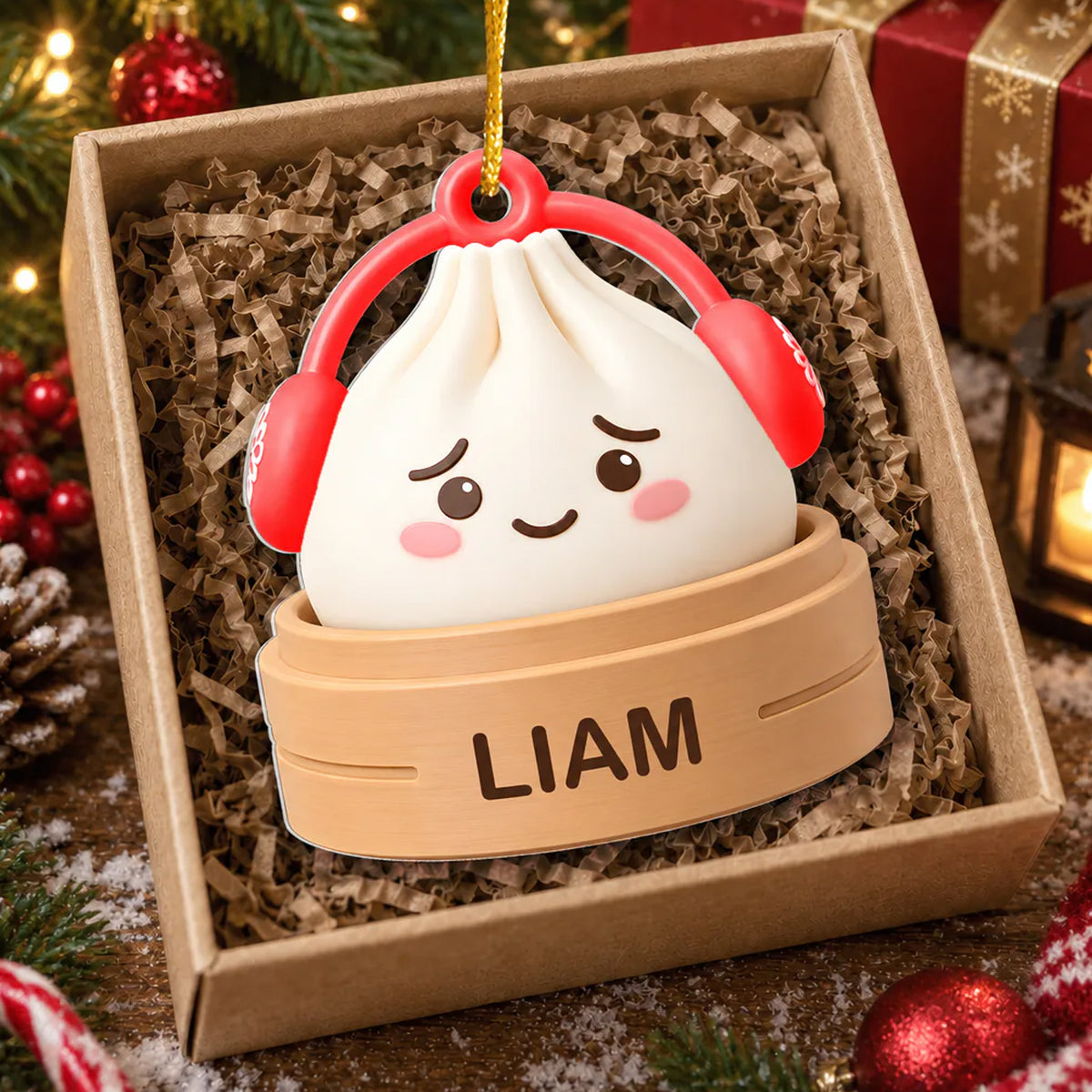Personalized acrylic dumpling ornament with red earmuffs and shy face, lying in a kraft gift box with paper shred