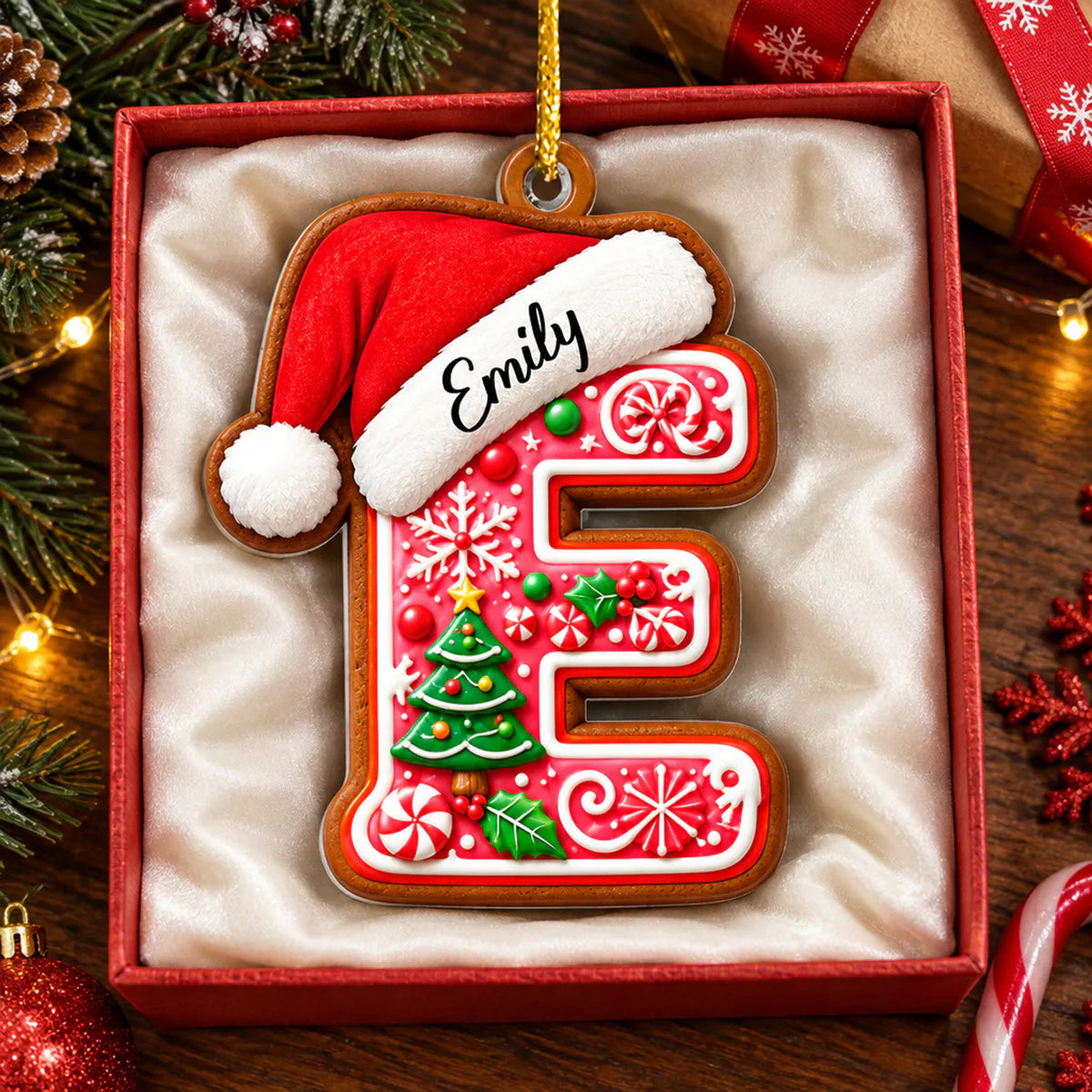 Personalized Gingerbread Initial Letter Acrylic Ornament, letter E in a red gift box with white satin lining