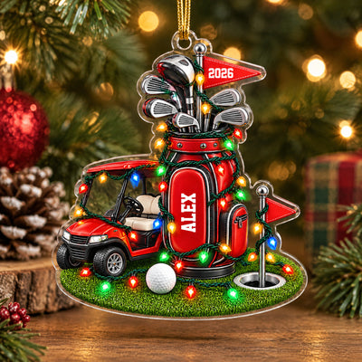 Golf Cart and Bag Faux-3D - Personalized Acrylic Ornament, Gift for Golf Lovers