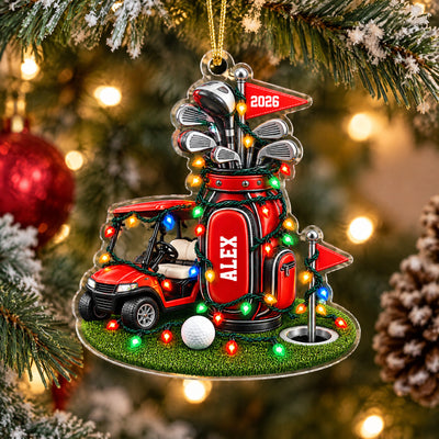 Golf Cart and Bag Faux-3D - Personalized Acrylic Ornament, Gift for Golf Lovers